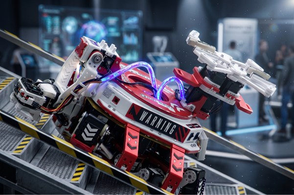 Robot KRSRI berkaki dengan gripper untuk evakuasi korban di arena bencana simulasi